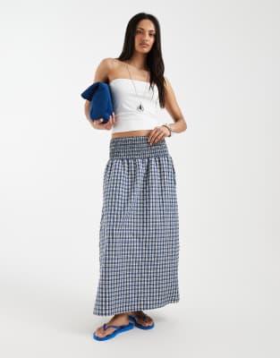 Maxirock in kariertem Blau mit gesmokter Taille, Kombiteil-Mehrfarbig Mehrfarbig S