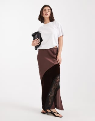ASOS DESIGN - Maxirock in Schokobraun aus Samt, Satin und Spitze-Brown
