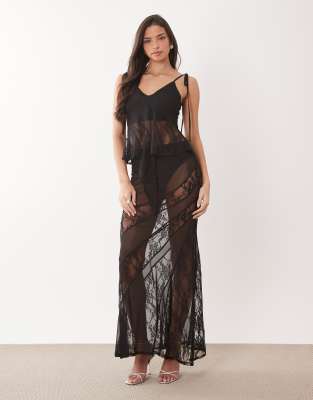 ASOS DESIGN - Maxirock in Schwarz aus Netzstoff mit Spitzeneinsatz, Kombiteil-Weiß