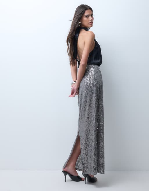 ASOS DESIGN Maxirock mit Allover-Pailletten in Gunmetal, 4 von 5
