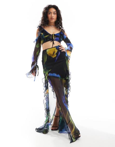 ASOS DESIGN – Maxirock mit großflächigem Blumenprint und Rüschendetail, Kombiteil - view 1
