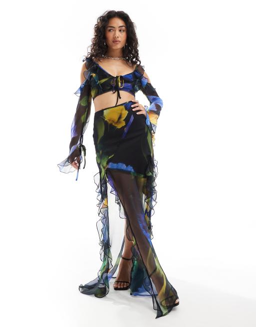 ASOS DESIGN – Maxirock mit großflächigem Blumenprint und Rüschendetail, Kombiteil