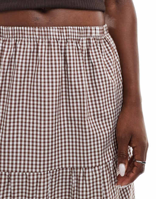 ASOS DESIGN - Maxirok met gingham ruit en stroken in bruin, 3 van 5