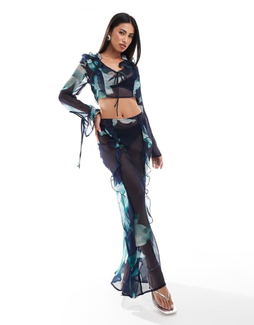 ASOS DESIGN - Maxirok van chiffon met abstracte bloemenprint in blauw, deel van co-ord set