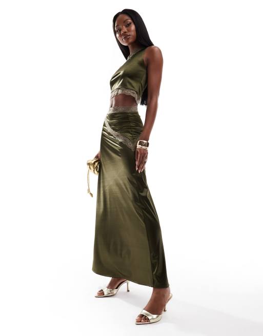 ASOS DESIGN - Maxirok van stretchsatijn met kanten afwerking en fishtail in kaki, deel van co-ord set