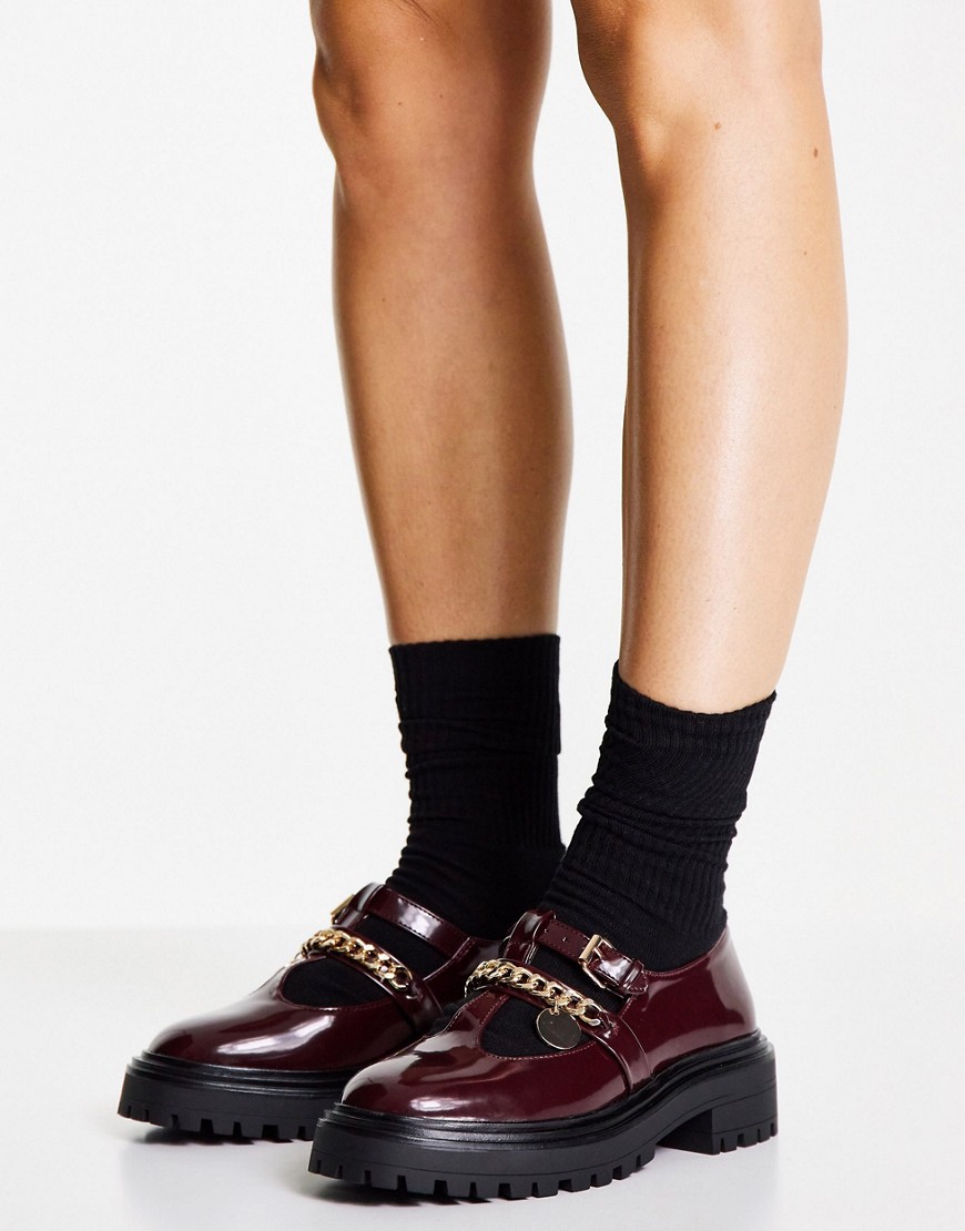 ASOS DESIGN Maxy chunky mary jane flat shoes in burgundy-Red