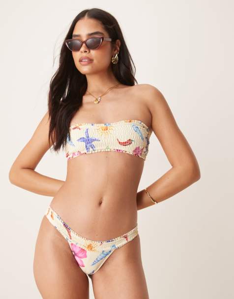 ASOS DESIGN May frill edge shirred hipster bikini bottom in shell print