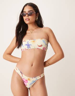 ASOS DESIGN - May - Hüfthoher Bikinislip mit Rüschenrand, gerafftem Hüftbund und Muschelprint-Gelb