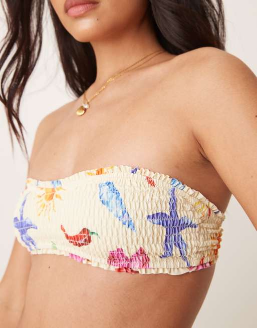 ASOS DESIGN May shirred bandeau bikini top in shell print