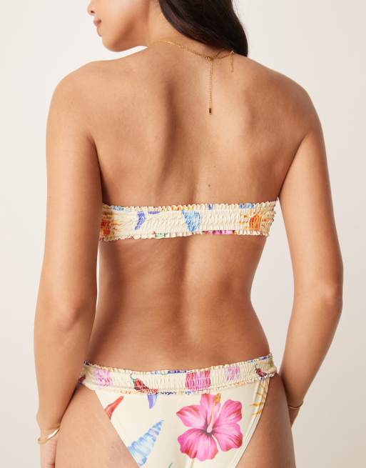 ASOS DESIGN May shirred bandeau bikini top in shell print