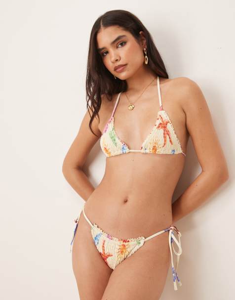 ASOS DESIGN May shirred tie side bikini bottom in shell print