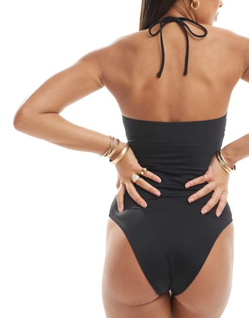 ASOS DESIGN - Maya - Badpak met halternek, uitsnijdingen en rimpeleffect in zwart, 4 van 4