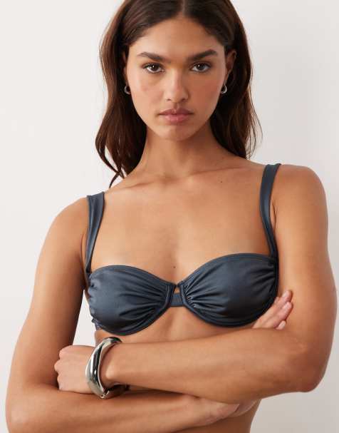 ASOS DESIGN Maya Cape Cod balcony underwired bikini top with bow back in charcoal
