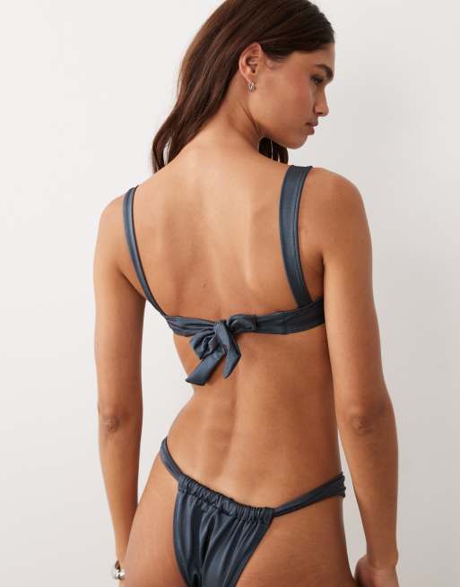 ASOS DESIGN Maya Cape Cod balcony underwired bikini top with bow back in charcoal, 4 of 4