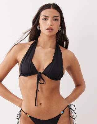 Asos Design Maya Essaouira Padded Push-up Halter Bikini Top With Drape Detailing In Black