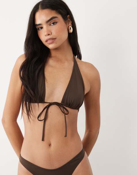 ASOS DESIGN – Maya Laguna – Czekoladowa wiązana z przodu góra od bikini z wydłużonymi miseczkami - view 1