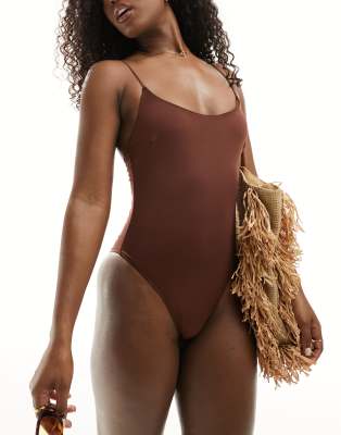 ASOS DESIGN Maya micro strap sleek swimsuit in chocolate brown