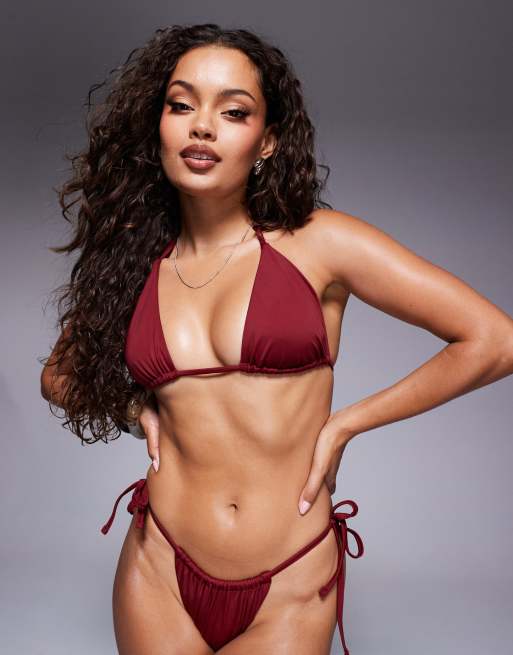 ASOS DESIGN – Maya – Mieszaj i łącz – Bordowa wiązana na plecach góra od bikini z trójkątnymi miseczkami