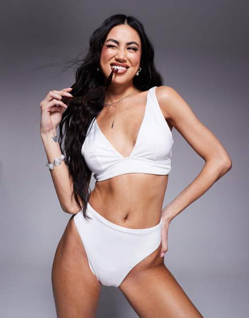 ASOS DESIGN Maya mix and match high leg high waist bikini bottom in white, 4 of 4