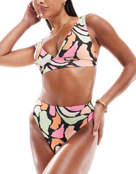 ASOS DESIGN Maya plunge triangle bikini top with ruche detail in abstract pastel - view 1