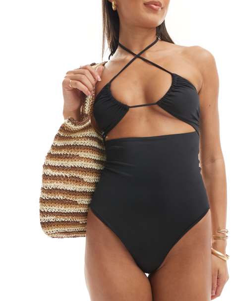 ASOS DESIGN Maya ruched keyhole halter swimsuit in black - view 1