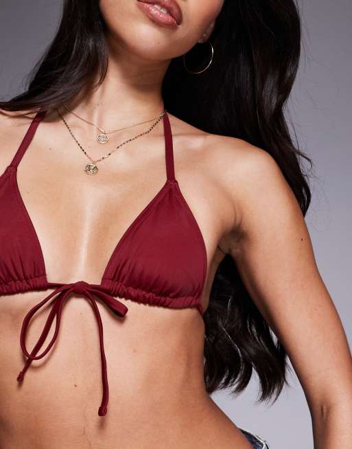 ASOS DESIGN Maya tie front triangle bikini top in burgundy, 3 of 4