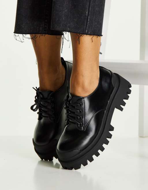 ASOS DESIGN Mayan chunky lace up flat shoes in black