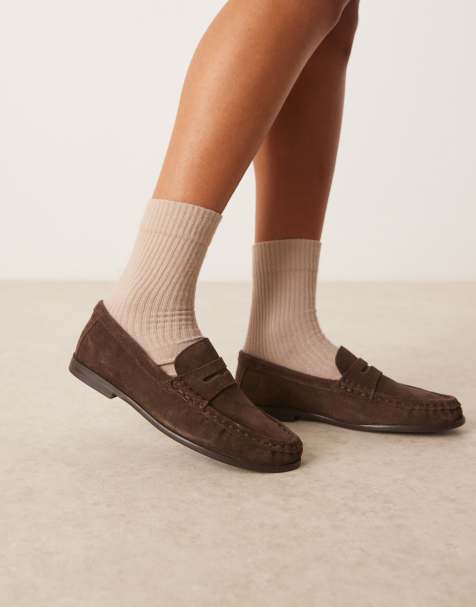 ASOS DESIGN Mayfair premium ruched loafers in brown suede - view 1