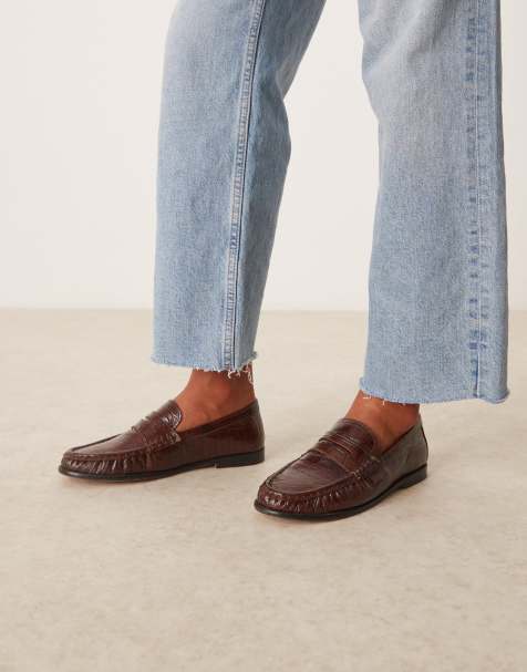 ASOS DESIGN Mayfair premium ruched loafers in chocolate croc emboss leather - view 1
