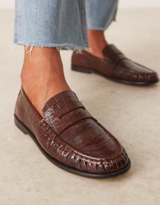 ASOS DESIGN Mayfair premium ruched loafers in chocolate croc emboss leather