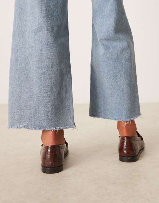 ASOS DESIGN Mayfair premium ruched loafers in chocolate croc emboss leather