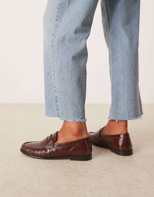 ASOS DESIGN Mayfair premium ruched loafers in chocolate croc emboss leather