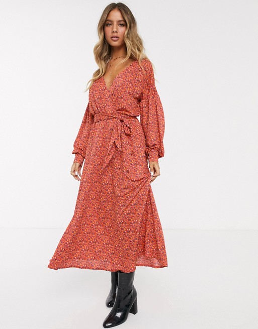ASOS DESIGN wrap midi dress with belt in red ditsy