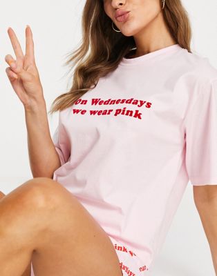 ASOS DESIGN Mean Girls on wednesdays we wear pink oversized tee & short pyjama set in pink