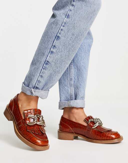 ASOS DESIGN Medallion leather fringe loafers in tan croc