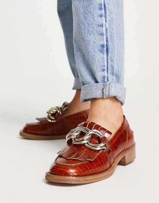 ASOS DESIGN Medallion leather fringe loafers in tan croc