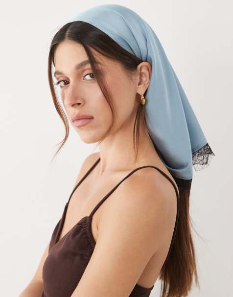 ASOS DESIGN medium headscarf with lace trim and tie in dusky blue - view 1