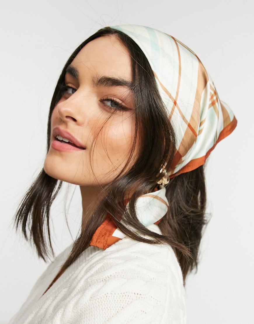 ASOS DESIGN medium polysatin headscarf in green check print with border-Multi