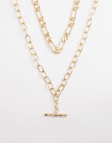 ASOS DESIGN - Meerlaagse schakelketting met T-staafje in goudkleur - view 1