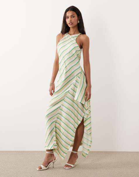 ASOS DESIGN – Mehrfarbig gestreiftes Satin-Midikleid mit Ringerrücken und seitlicher Raffung - view 1