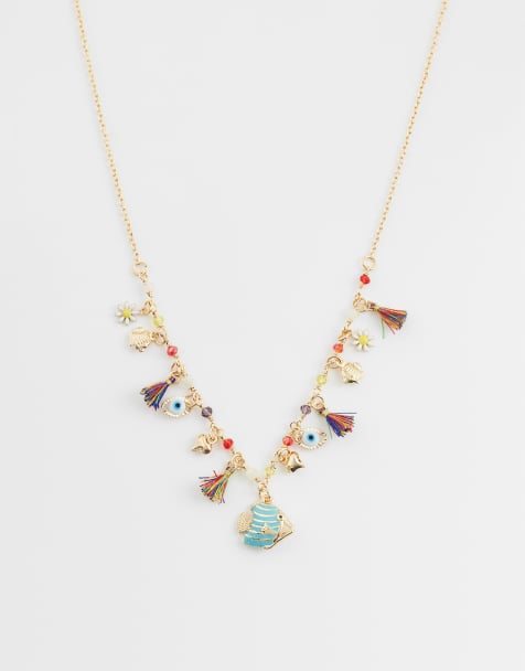 ASOS DESIGN – Mehrfarbige Halskette mit maritimen Anhängern, Zierperlen und Quasten - view 1