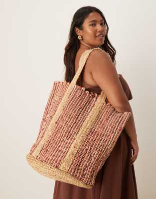 ASOS DESIGN - Mehrfarbige Tragetasche aus Stroh und Jute mit Streifenmuster-Rot