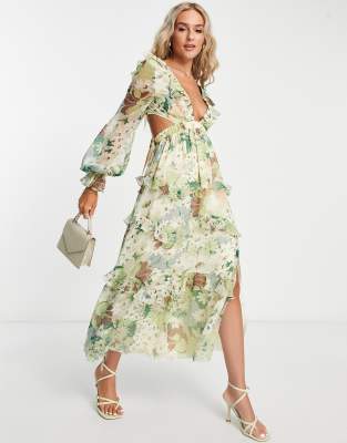 ASOS DESIGN - Mehrlagig gerüschtes Minikleid mit Blumenprint, elastischer Taille und Schnürung hinten-Bunt