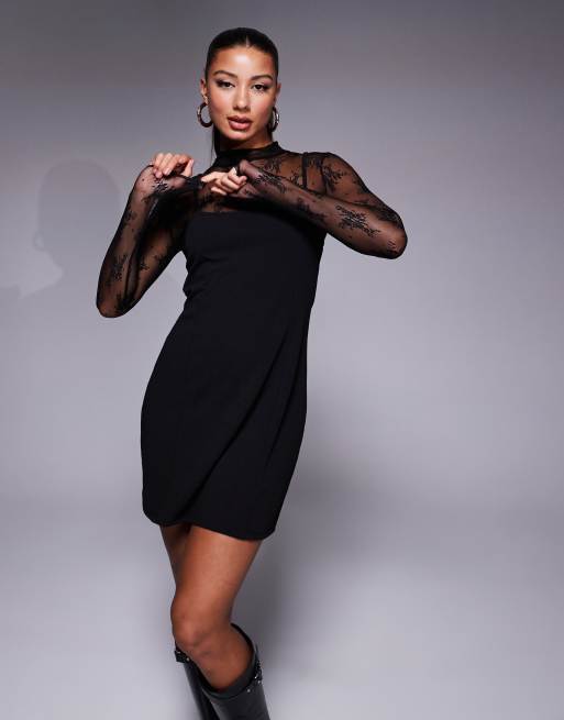 ASOS DESIGN – Mehrlagiges 2-in-1-Minikleid aus Neopren-Material in Schwarz mit Spitze und Trägern