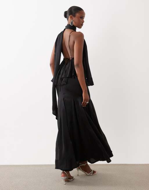 ASOS DESIGN – Mehrlagiges, gestuftes Camisole-Maxikleid in Schwarz mit Schal-Detail, 4 von 4
