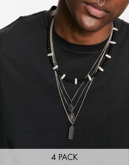 ASOS DESIGN – Mehrlagiges, silberfarbenes Halsketten-Set mit ägyptischem Anhänger und St. Christopherus-Anhänger im 4er-Pack