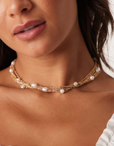 ASOS DESIGN – Mehrreihige, goldfarbene Choker-Halskette mit Kunstperlen - view 1