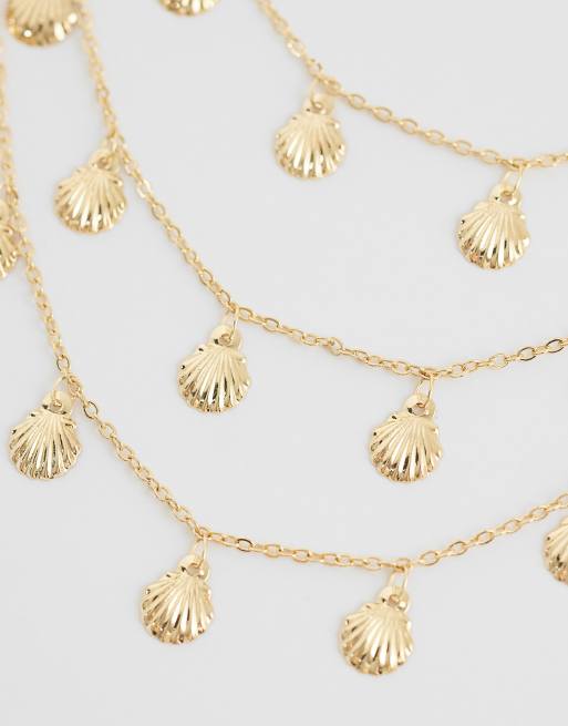 ASOS DESIGN – Mehrreihige, goldfarbene Halskette mit Mini-Muschelanhängern, 4 von 4