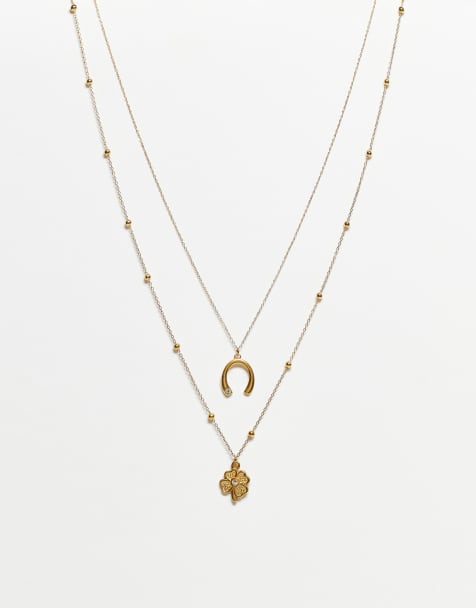 ASOS DESIGN – Mehrreihige Halskette aus wasserfestem Edelstahl in Goldoptik mit Hufeisenanhänger - view 1