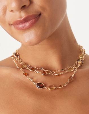 ASOS DESIGN - Mehrreihige Halskette in Gold mit Schmucksteinen in Bernstein-Optik-Goldfarben